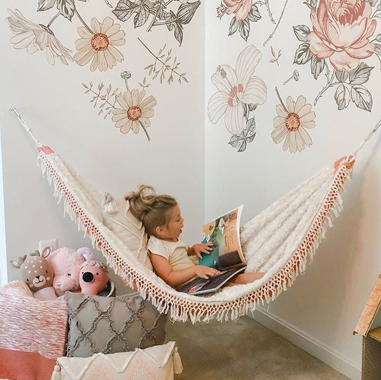 kid's hammock, reading area, nook, minky, hammock, kid's room decor, boho, boho kid's, fringe,